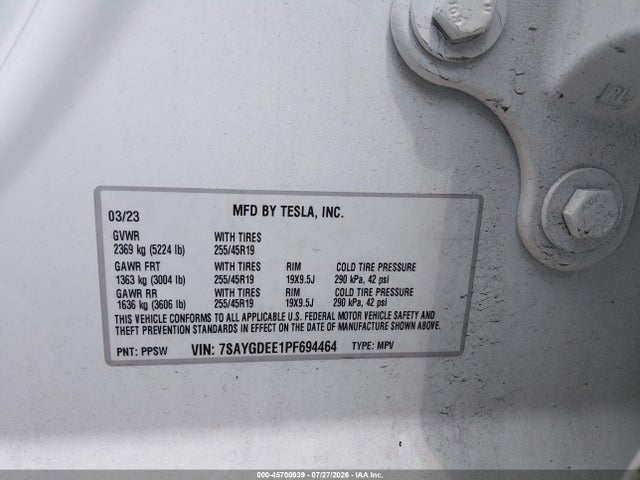 45700939 :رقم المزاد ، 7SAYGDEE1PF694464 vin ، 2023 Tesla Model Y Awd/long Range Dual Motor All-wheel Drive مزاد بيع