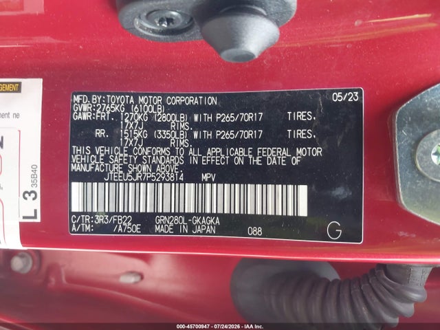 Продажа на аукционе авто 2023 Toyota 4runner Sr5, vin: JTEEU5JR7P5293814, номер лота: 45700947