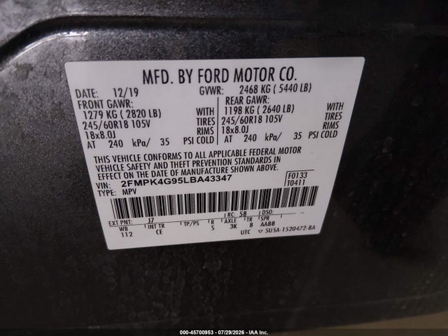 Aukcja sprzedaży 2020 Ford Edge Se, vin: 2FMPK4G95LBA43347, numer aukcji: 45700953