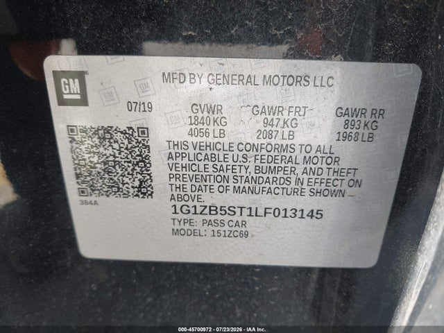 1G1ZB5ST1LF013145 Chevrolet Malibu Fwd Ls