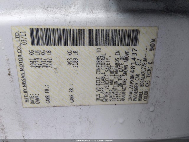 45700977 :رقم المزاد ، 1N4AL2APXBN481437 vin ، 2011 Nissan Altima 2.5 مزاد بيع