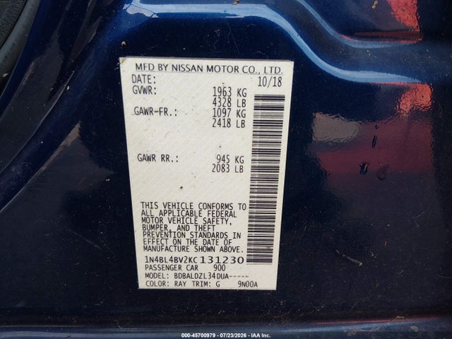 2019 Nissan Altima 2.5 S მანქანა იყიდება აუქციონზე, vin: 1N4BL4BV2KC131230, აუქციონის ნომერი: 45700979