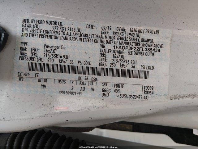Ford FOCUS SE 2015 1FADP3F22FL385436 Image 9