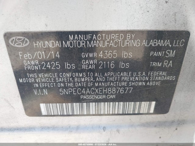 Hyundai SONATA SE 2014 5NPEC4ACXEH887677 Image 9