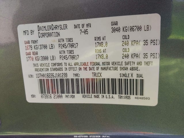 Aukcja sprzedaży 2006 Dodge Ram 1500 Slt, vin: 1D7HA18226J101299, numer aukcji: 45701009