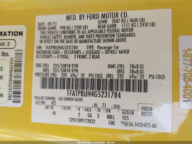 1FATP8UH4G5231784 Ford Mustang Ecoboost Premium