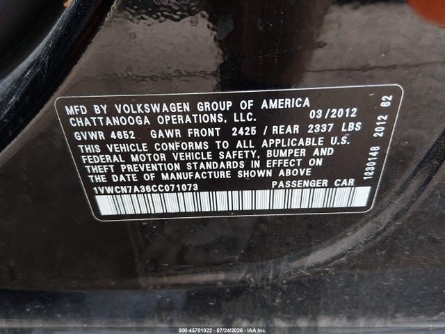 Продаж на аукціоні авто 2012 Volkswagen Passat 2.0l Tdi Sel Premium, vin: 1VWCN7A36CC071073, номер лоту: 45701022