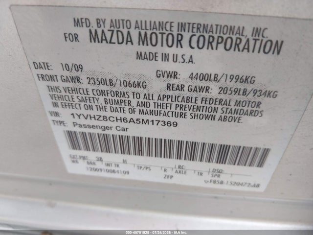 Aukcja sprzedaży 2010 Mazda Mazda6 I Touring, vin: 1YVHZ8CH6A5M17369, numer aukcji: 45701025
