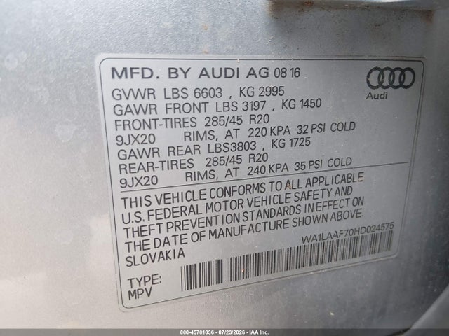 Продаж на аукціоні авто 2017 Audi Q7 3.0t Premium, vin: WA1LAAF70HD024575, номер лоту: 45701036