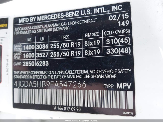 Aukcja sprzedaży 2015 Mercedes-benz Ml 350 4matic, vin: 4JGDA5HB9FA547266, numer aukcji: 45701037