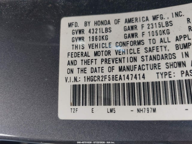 Продаж на аукціоні авто 2014 Honda Accord Sport, vin: 1HGCR2F58EA147414, номер лоту: 45701039
