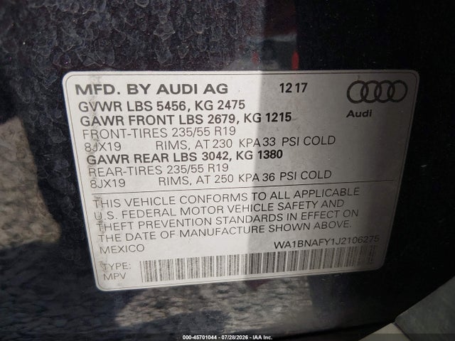 WA1BNAFY1J2106275 Audi Q5 2.0t Premium/2.0t Tech Premium