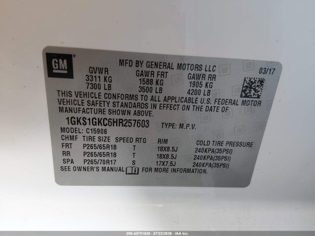 GMC Yukon Xl Slt 2017 1GKS1GKC6HR257603 Image 9