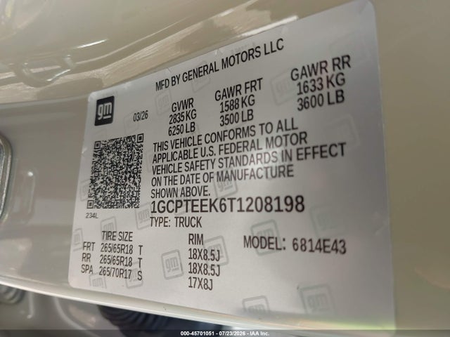 Продаж на аукціоні авто 2026 Chevrolet Colorado Trail Boss, 4wd, vin: 1GCPTEEK6T1208198, номер лоту: 45701051