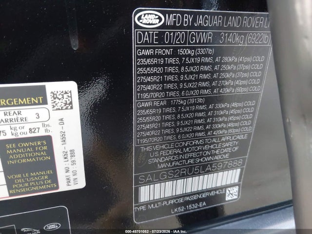Land Rover Range Rover Hse 2020 SALGS2RU5LA597888 Image 9