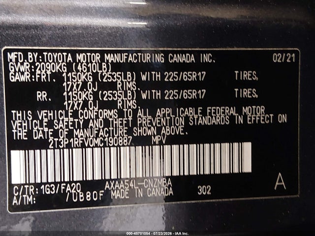 Продаж на аукціоні авто 2021 Toyota Rav4 Xle, vin: 2T3P1RFV0MC190887, номер лоту: 45701054