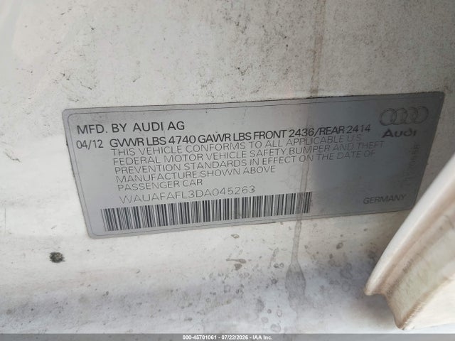 45701061 :رقم المزاد ، WAUAFAFL3DA045263 vin ، 2013 Audi A4 2.0t Premium مزاد بيع