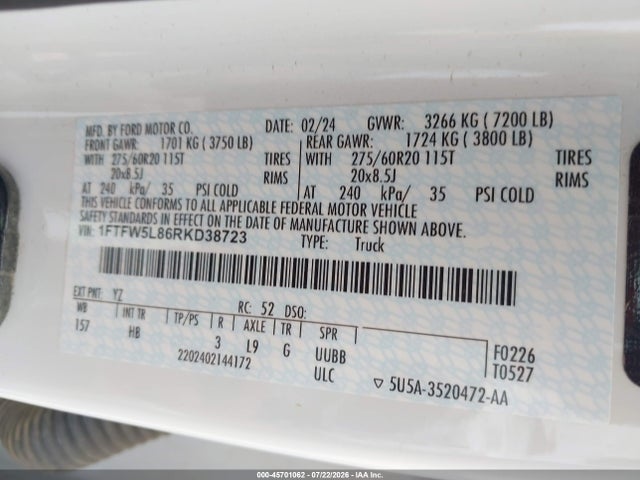 45701062 :رقم المزاد ، 1FTFW5L86RKD38723 vin ، 2024 Ford F-150 Lariat مزاد بيع
