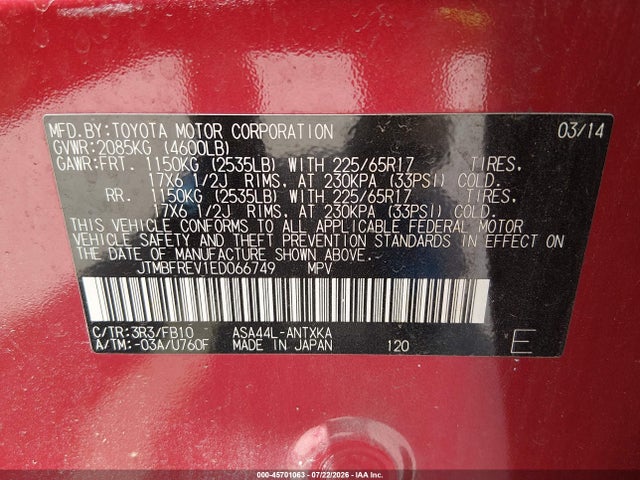 45701063 :رقم المزاد ، JTMBFREV1ED066749 vin ، 2014 Toyota Rav4 Le مزاد بيع