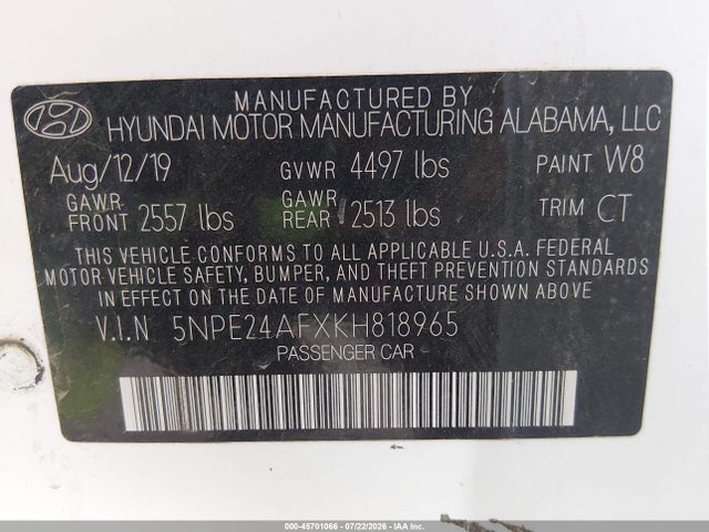 Продажа на аукционе авто 2019 Hyundai Sonata Se, vin: 5NPE24AFXKH818965, номер лота: 45701066
