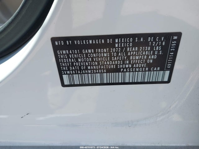 2017 Volkswagen Jetta 1.4t Se მანქანა იყიდება აუქციონზე, vin: 3VWB67AJ6HM294856, აუქციონის ნომერი: 45701073