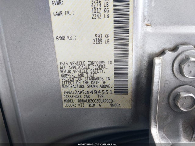 Aukcja sprzedaży 2012 Nissan Altima 2.5 S, vin: 1N4AL2AP5CN494551, numer aukcji: 45701087