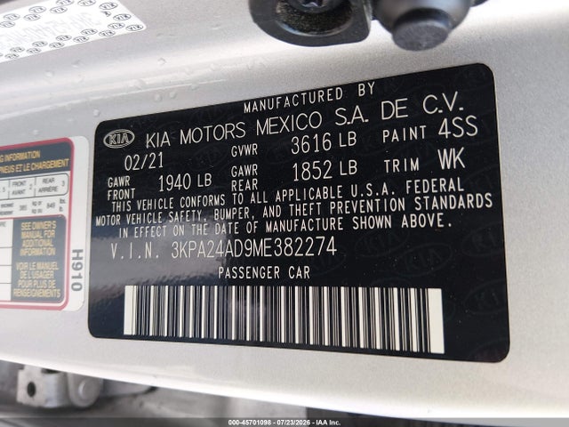 Aukcja sprzedaży 2021 Kia Rio Lx, vin: 3KPA24AD9ME382274, numer aukcji: 45701098