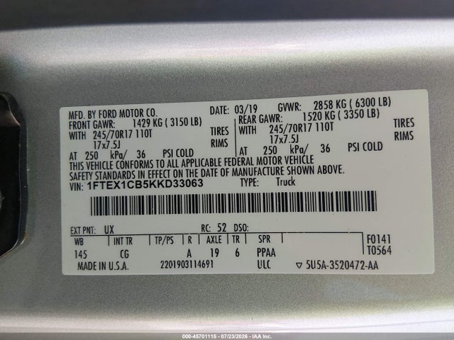 Продажа на аукционе авто 2019 Ford F-150 Xl, vin: 1FTEX1CB5KKD33063, номер лота: 45701115