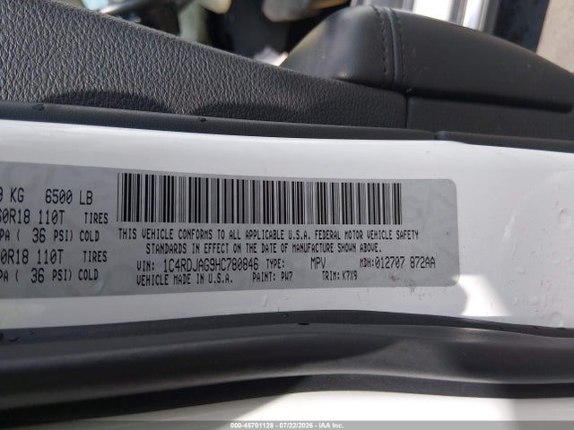 Продаж на аукціоні авто 2017 Dodge Durango Sxt Awd, vin: 1C4RDJAG9HC780846, номер лоту: 45701128