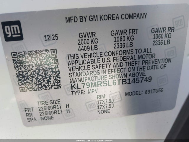 Aukcja sprzedaży 2026 Chevrolet Trailblazer Awd Lt, vin: KL79MRSL6TB145749, numer aukcji: 45701134