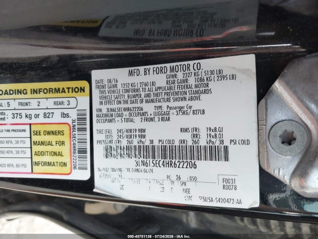 Продажа на аукционе авто 2017 Lincoln Mkz Reserve, vin: 3LN6L5EC4HR622206, номер лота: 45701136