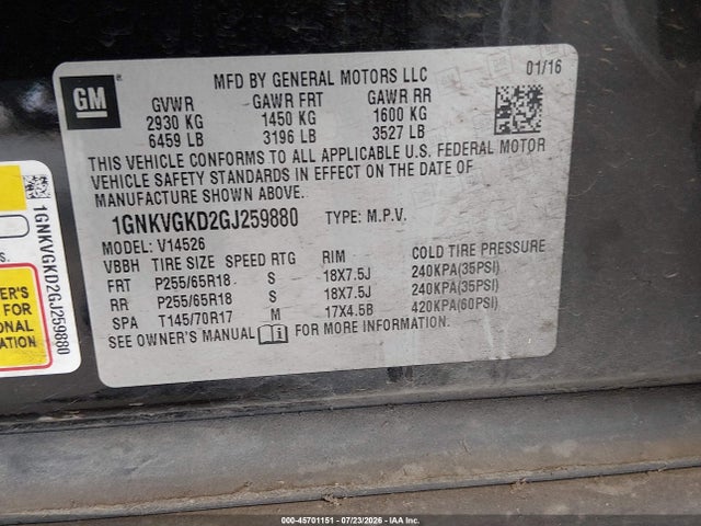 Chevrolet Traverse Lt 2016 1GNKVGKD2GJ259880 Image 9