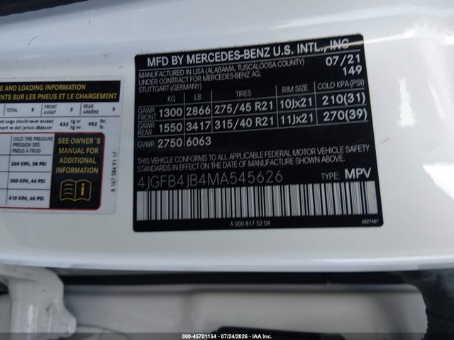 45701154 :رقم المزاد ، 4JGFB4JB4MA545626 vin ، 2021 Mercedes-benz Gle 350 مزاد بيع