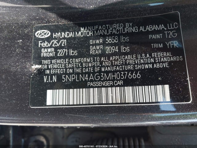 2021 Hyundai Elantra Sel მანქანა იყიდება აუქციონზე, vin: 5NPLN4AG3MH037666, აუქციონის ნომერი: 45701161