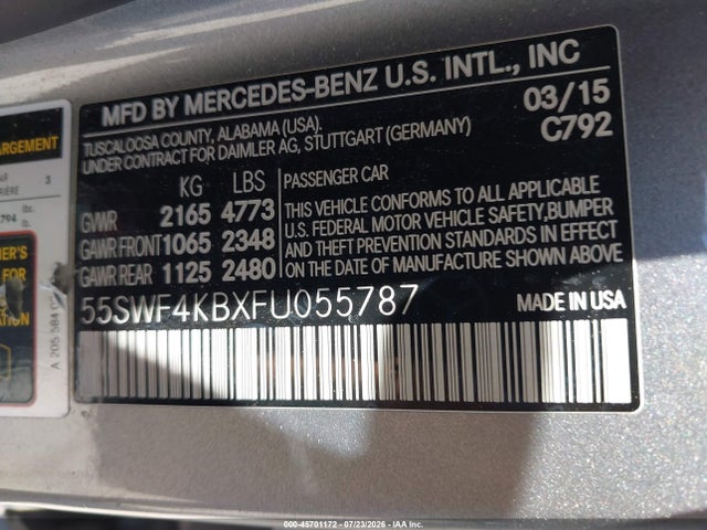 Aukcja sprzedaży 2015 Mercedes-benz C 300 4matic, vin: 55SWF4KBXFU055787, numer aukcji: 45701172