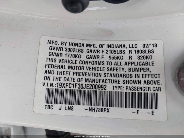 2018 Honda Civic Ex-t მანქანა იყიდება აუქციონზე, vin: 19XFC1F30JE200992, აუქციონის ნომერი: 45701174
