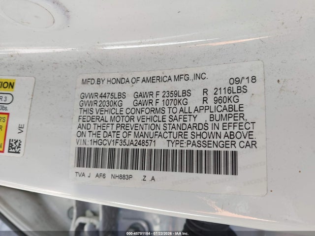 45701184 :رقم المزاد ، 1HGCV1F35JA248571 vin ، 2018 Honda Accord Sport مزاد بيع