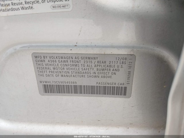 Продаж на аукціоні авто 2009 Volkswagen Cc Luxury, vin: WVWHL73C59E545989, номер лоту: 45701187