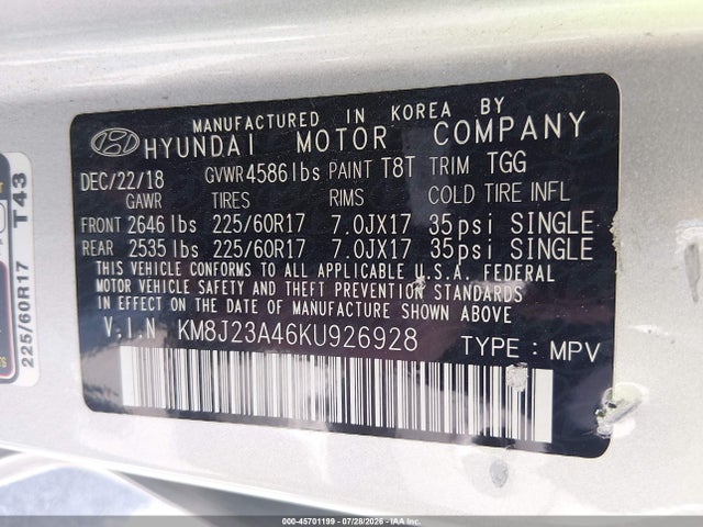 Продаж на аукціоні авто 2019 Hyundai Tucson Se, vin: KM8J23A46KU926928, номер лоту: 45701199