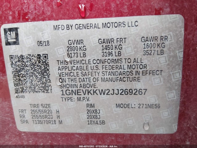 1GNEVKKW2JJ269267 Chevrolet Traverse High Country