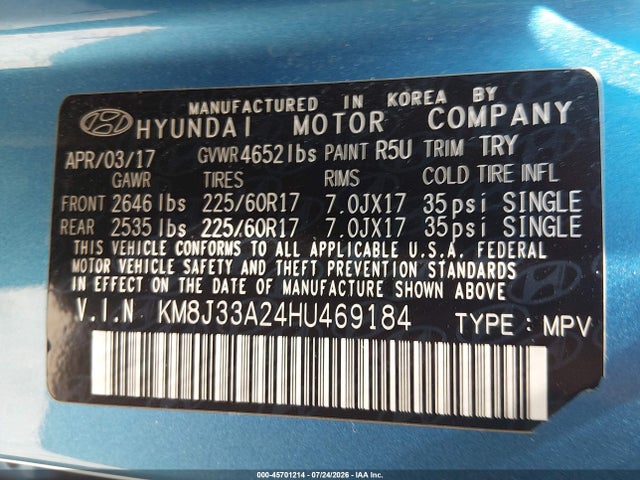 Продажа на аукционе авто 2017 Hyundai Tucson Eco, vin: KM8J33A24HU469184, номер лота: 45701214