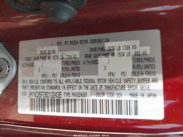 Продаж на аукціоні авто 2006 Mazda Mx-5 Grand Touring, vin: JM1NC25F060122436, номер лоту: 45701216