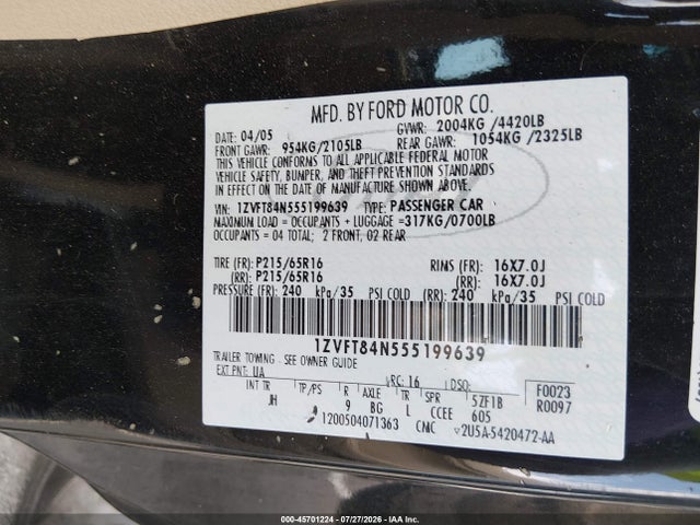 2005 Ford Mustang მანქანა იყიდება აუქციონზე, vin: 1ZVFT84N555199639, აუქციონის ნომერი: 45701224