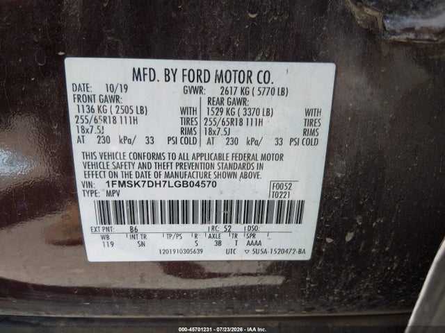 45701231 :رقم المزاد ، 1FMSK7DH7LGB04570 vin ، 2020 Ford Explorer Xlt مزاد بيع