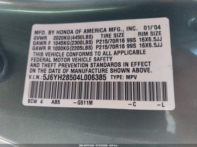 Продаж на аукціоні авто 2004 Honda Element Ex, vin: 5J6YH28504L006385, номер лоту: 45701240