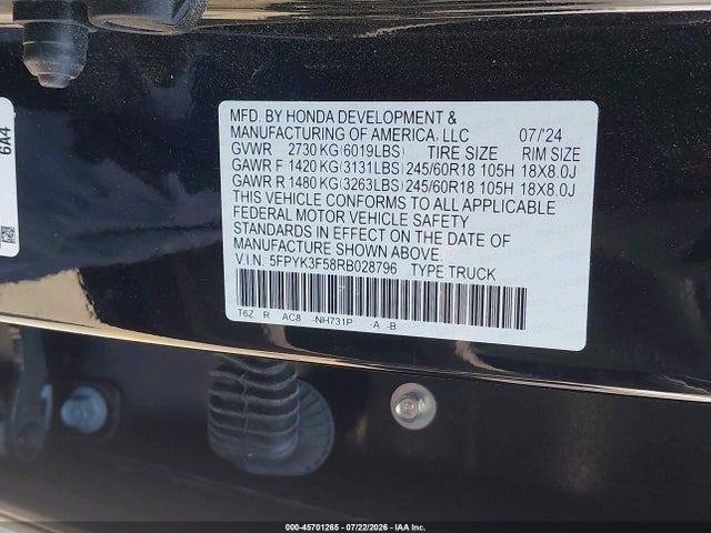 45701265 :رقم المزاد ، 5FPYK3F58RB028796 vin ، 2024 Honda Ridgeline Rtl مزاد بيع