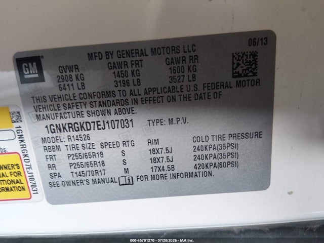 Chevrolet Traverse Lt 2014 1GNKRGKD7EJ107031 Image 9