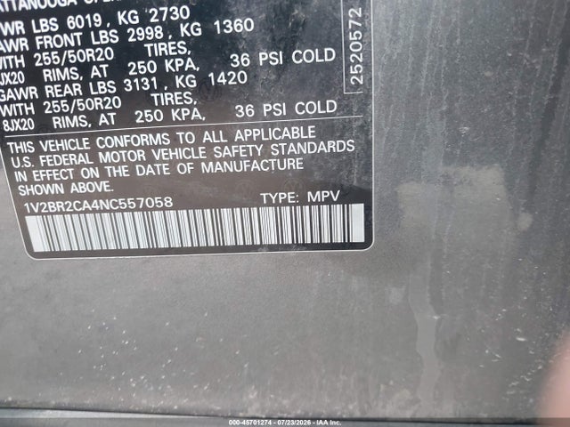 Продажа на аукционе авто 2022 Volkswagen Atlas 3.6l V6 Sel, vin: 1V2BR2CA4NC557058, номер лота: 45701274