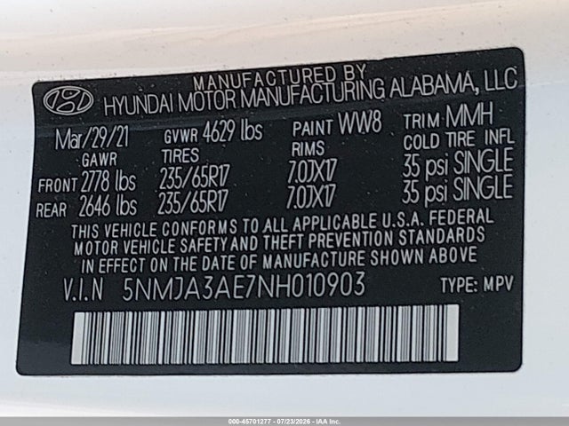 5NMJA3AE7NH010903 Hyundai TUCSON SE