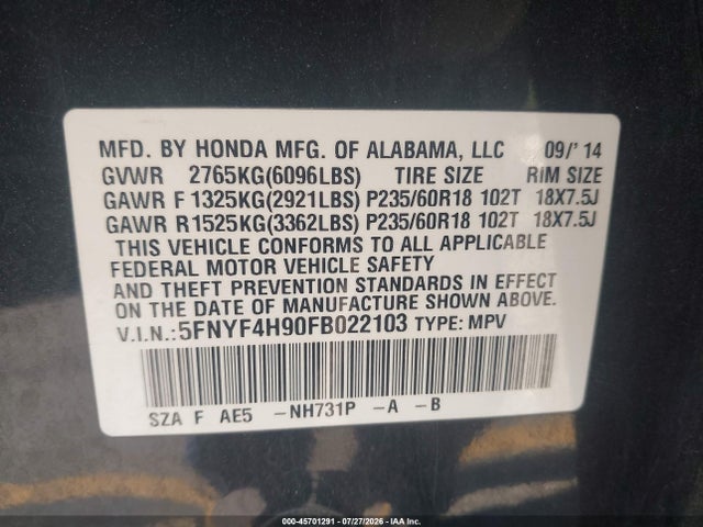 Honda Pilot Touring 2015 5FNYF4H90FB022103 Image 9